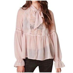 Free People Dusty Pink Mesh Marquee Bow Tie Bohemian Blouse Top Size XS